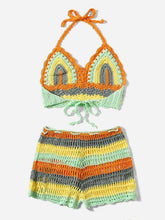 将图片加载到图库查看器,Crochet Bikini Sets Multi Color Knitted Rainbow Striped Off Shoulder Top Bottom Bikini Women's Crochet Striped Lace Up Shorts Bikini Set 2 PCS Knit Bathing Suit Swimsuit Beachwear Bathing Suit Women Swimsuit