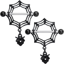 Load image into Gallery viewer, 9/16 Black Gem Black Spiders Webs Halloween Dangle Nipple Shield Set