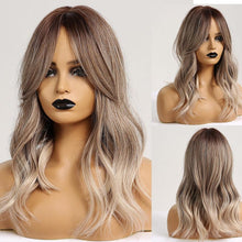 Load image into Gallery viewer, Curly Synthetic Wigs for White Women Medium Length Ombre Brown Blonde Wigs with Bangs High Temperature Cosplay Hair Wigs For Black Women Halloween Party