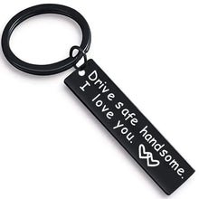 Load image into Gallery viewer, Cute Black Stainless Steel Charm Couple Drive Safe Keychain Gift for Boyfriend & Girlfriend