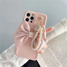 将图片加载到图库查看器,Cute Luxury Fashion 3d Bow Pearl Bracelet Girl Soft Case For iPhone 11 12 13 Pro Max 7 8 Plus Xr X Xs Se Anti-drop Cover Pearl Chain Bow Phone Case Ideal for iPhone Elegant Phone Case