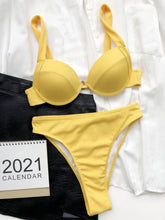 将图片加载到图库查看器,Cute Women Swimwear Pure Color Bikinis Swimsuit Women High Waist String Solid Color 2 Piece Bathing Suits Summer High Cut Push Up Bathing Suit High Waist Beach Wear Breathable Bikini