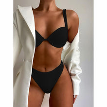 将图片加载到图库查看器,Cute Women Swimwear Pure Color Bikinis Swimsuit Women High Waist String Solid Color 2 Piece Bathing Suits Summer High Cut Push Up Bathing Suit High Waist Beach Wear Breathable Bikini