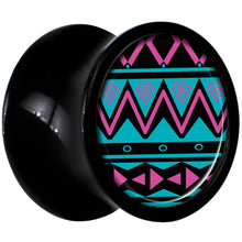Load image into Gallery viewer, Black Acrylic Pink Teal Tribal Print Saddle Plug Set 0G