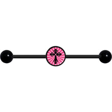将图片加载到图库查看器,14G Pink Black Radiant Cross Black Industrial Barbell 37mm