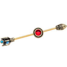 Load image into Gallery viewer, Red Gem Gold PVD Southwestern Sacred Spear Industrial Barbell 38mm