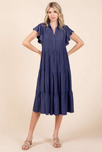 Load image into Gallery viewer, Ruffle Sleeve Collared V Neck Tiered Midi Dress For Women – Fluttering, Feminine and Polished Midi Dress with Layered Details For Any Occasion