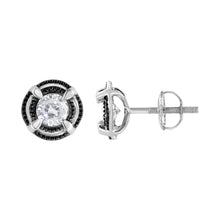 将图片加载到图库查看器,Black Rhodium Plated .925 Sterling Silver Round 1-1/2 cttw Diamond Double Halo 4-Prong Solitaire Milgrain Stud Earrings (H-I Color, I2-I3 Clarity)