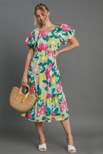 Load image into Gallery viewer, Colorful Full Size Floral Print Puff Sleeve Midi Dress Plus Size Elegant & Feminine Romantic Long Dress