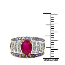 Load image into Gallery viewer, 14K Yellow Gold Plated 3.02 Carat Genuine Ruby, Tanzanite & White Topaz .925 Sterling Silver Ring