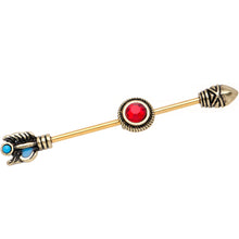Load image into Gallery viewer, Red Gem Gold PVD Southwestern Sacred Spear Industrial Barbell 38mm