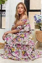 Load image into Gallery viewer, Layered Floral Off-Shoulder Short Sleeve Maxi Dress β Elegant Off-Shoulder Maxi Dress with Layered Floral Pattern for a Romantic Look