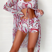 将图片加载到图库查看器,Modern Geo 3-Piece Bikini Set – Vibrant Geometric Print Fluttering Swimwear with V-Neck Top Boxer Shorts Bottoms and Long Sleeve Cover Shirt – Comfortable High-Stretch Women’s Beachwear for Pool & Summer Vacations