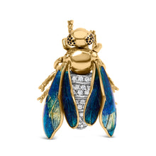 Load image into Gallery viewer, 18K Yellow Gold 1/2 Cttw Pave Set Diamond and Blue-Green Enamel Bumblebee Brooch Pin (F-G Color, VS1-VS2 Clarity)
