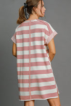 Load image into Gallery viewer, Peace Applique Striped Short Sleeve Mini Dress β Trendy Stripes, Playful Peace Applique, and High-Low Hem for a Chic Casual Look