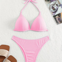 将图片加载到图库查看器,Bikini Rib Knit Solid Color Triangle 2 Piece Swimsuit for Women – Adjustable Tie Back Halter Bikini Set with Spaghetti Straps – High Stretch Polyester Swimwear for Summer Beachwear Poolside Relaxation and Tropical Vacation