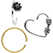 Load image into Gallery viewer, 20G Treasure of the Heart Nose Bone Heart Closure Ring Pack Set of 3