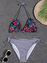 Load image into Gallery viewer, Sunset Bloom 2-Piece Triangle Bikini Set for Women – Vibrant Random Floral Print Halter Neck Swimsuit with Tie-Back Tie-Side Bottoms & High Cut Legs – Women's High-Stretch Swimwear for Summer Beach Escapes