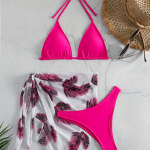 Load image into Gallery viewer, Feather Luxe 3-Piece Bikini Set – Exotic Feather Print Halter Neck Backless Swimsuit with High Cut Tie Back Bottoms and Wrap Cover-Up – Women’s High-Stretch Comfortable Swimwear for Summer Beach & Pool Vacations