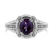 Load image into Gallery viewer, .925 Sterling Silver Prong Set Natural Oval Shape 9X7 MM Purple Amethyst Solitaire and Diamond Accent Ring (I-J Color, I1-I2 Clarity) - Ring Size 7
