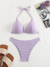 将图片加载到图库查看器,Bikini Rib Knit Solid Color Triangle 2 Piece Swimsuit for Women – Adjustable Tie Back Halter Bikini Set with Spaghetti Straps – High Stretch Polyester Swimwear for Summer Beachwear Poolside Relaxation and Tropical Vacation