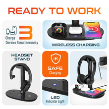 Load image into Gallery viewer, Delton HS1 3-in-1 Wireless Charging Station with Headphone Stand, Fast Charging Desk Charging Station, 15W Wireless Charger Stand for iPhones, iWatches, AirPods & Qi-enabled Devices - Black