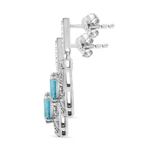 Load image into Gallery viewer, .925 Sterling Silver 7x5MM Emerald Shape Blue Topaz and Diamond Accent Art Deco Halo Style Drop and Dangle Earrings (I-J Color, I1-I2 Clarity)