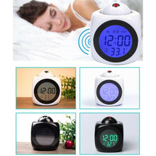 Load image into Gallery viewer, Digital Alarm Clock Projection Alarm Clock Wake Up Bedroom with Data and Temperature Display Talking Function LED Wall/Ceiling Projection Clock LCD Creative Projector Weather Temperature Desk Time Date Display Projection USB Charger Home Clock Timer