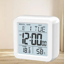 Load image into Gallery viewer, Digital Desktop LCD Snooze Calendar Alarm clock Digital Desktop Clock Electronic Digital Alarm Clocks for Bedroom Home Decor LCD Screen with Time/Calendar/Temperature Display White Bedroom Watch with Thermometer & Hygrometer for Home Battery Operated