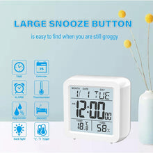 Load image into Gallery viewer, Digital Desktop LCD Snooze Calendar Alarm clock Digital Desktop Clock Electronic Digital Alarm Clocks for Bedroom Home Decor LCD Screen with Time/Calendar/Temperature Display White Bedroom Watch with Thermometer & Hygrometer for Home Battery Operated