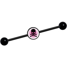 Load image into Gallery viewer, 14G Pink Black Skull Black Industrial Barbell 37mm