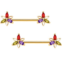 Load image into Gallery viewer, 14G Rainbow Gem Star Gold Tone BCR Ring Barbell Nipple Ring Set