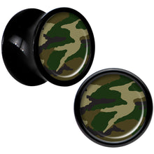 Load image into Gallery viewer, Black Acrylic Woodland Camo Print Saddle Plug Set 0G