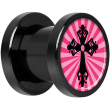 Load image into Gallery viewer, Pink Black Radiant Cross Black Anodized Screw Fit Plug Set 0G