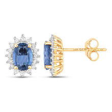 Load image into Gallery viewer, 2.22 Carat Genuine Blue Sapphire and White Diamond 14K Yellow Gold Earrings