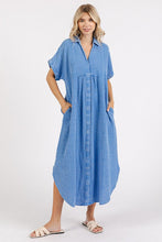 将图片加载到图库查看器,Mineral Wash V-Neck Button-Up Midi Shirt Dress – Trendy, Casual, Lived-In Look with Classic Button Details for Effortless Style