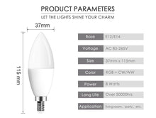 将图片加载到图库查看器,E14 LED Bulb Candle Color Indoor Neon Sign Light Bulb RGB Tape With Controller Lighting 220V E12 Dimmable Smart Lamp For Home Smart WiFi Candelabra Light Bulb, C37 Shape RGB+C+W LED Candle Light Bulb, 5W 400LM (2700k-6500k) Candelabra Bulb