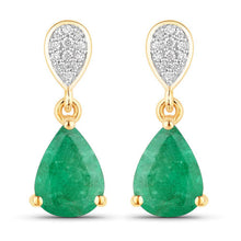 Load image into Gallery viewer, 2.28 Carat Genuine Zambian Emerald and White Diamond 10K Yellow Gold Earrings