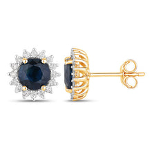 Load image into Gallery viewer, 2.38 Carat Genuine Blue Sapphire and White Diamond 14K Yellow Gold Earrings