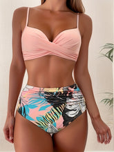 Load image into Gallery viewer, Tropical Vibe High Waist Bikini Set – Flirty V-Neck Swimsuit with Layered Colorblock High Cut Bottom Crisscross Strap Detail & Ultra-Stretch Comfort – Women's Two Piece Swimwear for Summer Beach Pool & Vacation Fun