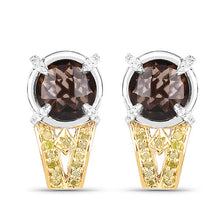 Load image into Gallery viewer, 3.75 Carat Genuine Smoky Quartz, Yellow Diamond and White Diamond .925 Sterling Silver Earrings