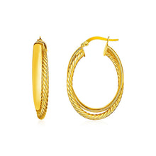 Load image into Gallery viewer, 14k Yellow Gold Two Part Textured Twisted Oval Hoop Earrings