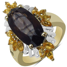 Load image into Gallery viewer, 14K Yellow Gold Plated 7.07 Carat Genuine Smoky Quartz, Citrine & White Diamond .925 Sterling Silver Ring