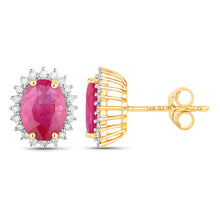 Load image into Gallery viewer, 3.14 Carat Genuine Ruby and White Diamond 14K Yellow Gold Earrings