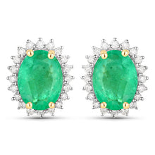 Load image into Gallery viewer, 2.66 Carat Genuine Zambian Emerald and White Diamond 10K Yellow Gold Earrings