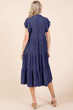Load image into Gallery viewer, Ruffle Sleeve Collared V Neck Tiered Midi Dress For Women – Fluttering, Feminine and Polished Midi Dress with Layered Details For Any Occasion