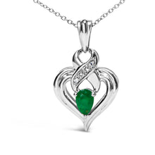 Load image into Gallery viewer, .925 Sterling Silver 6x4mm Pear Emerald and Diamond Accent Heart Pendant Necklace (H-I Color, SI1-SI2 Clarity) - 18 Inches