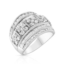 Load image into Gallery viewer, .925 Sterling Silver 2.0 Cttw Round & Baguette Cut Diamond Multi-Row Channel Set Tapered Cocktail Fashion Ring (I-J Color, I3 Clarity) - Size 7