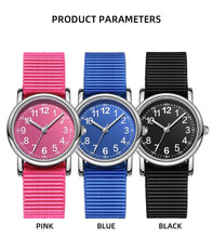 Load image into Gallery viewer, Easy To Read Quartz Watches Nylon Strap Sweat Proof Movement Analog Watch For Girls Boys Teens Minimalist Wrist Watch With Soft Band Learning Time Watch First Watch Soft Cloth Strap
