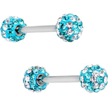 Load image into Gallery viewer, 5/8 Clear Aqua CZ Gem Two Tone Stripe Barbell Nipple Ring Set